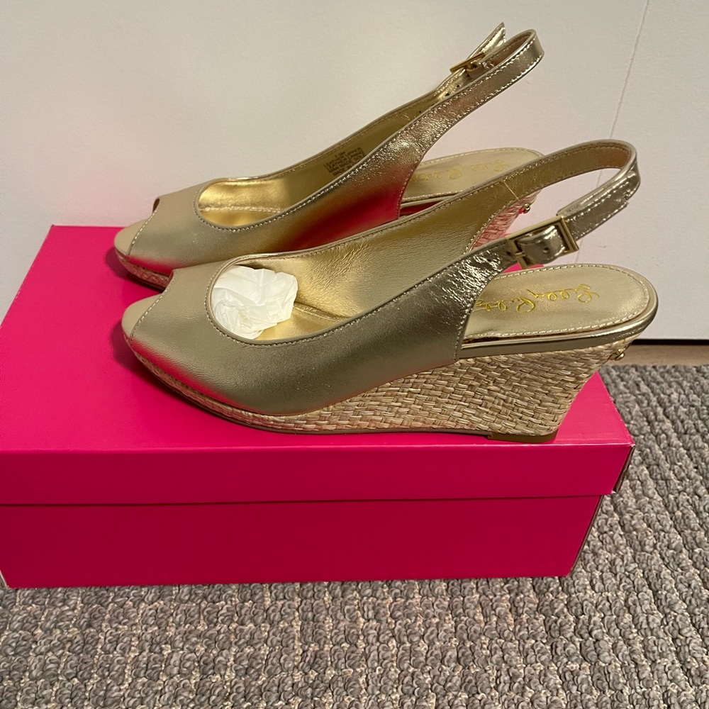 New NIB Lilly Pulitzer Gold Leather Gigi Wedges Shoes Slingback Size 7.5